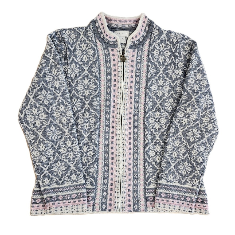 Appleseed's Womens L Full Zip Cardigan Sweater Nordic Fair Isle Snowflake Grey